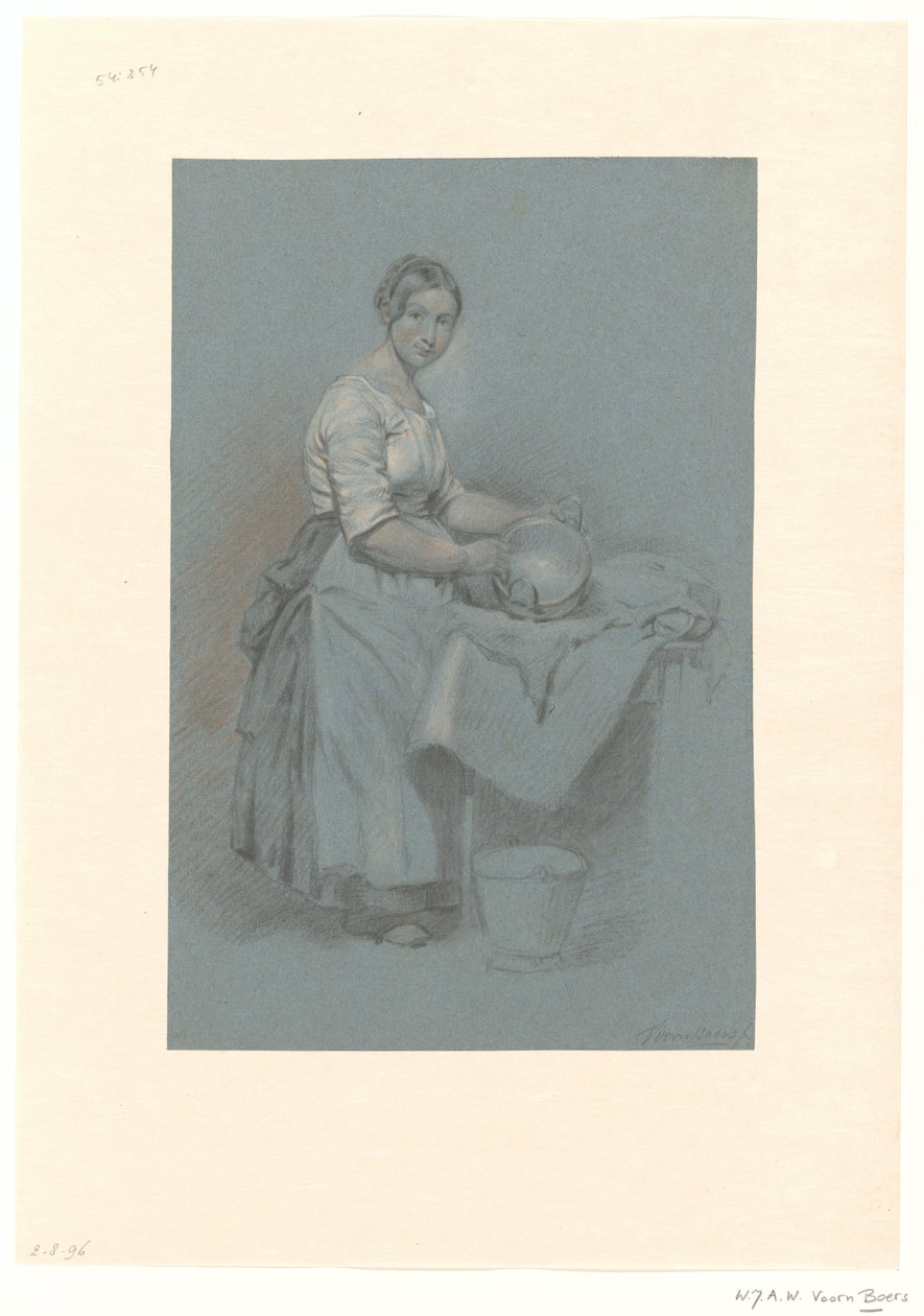 Sierva de pie junto a una mesa con una sartén de cobre de Willem Johannes Adrianus Wijnandus Voorn Boers