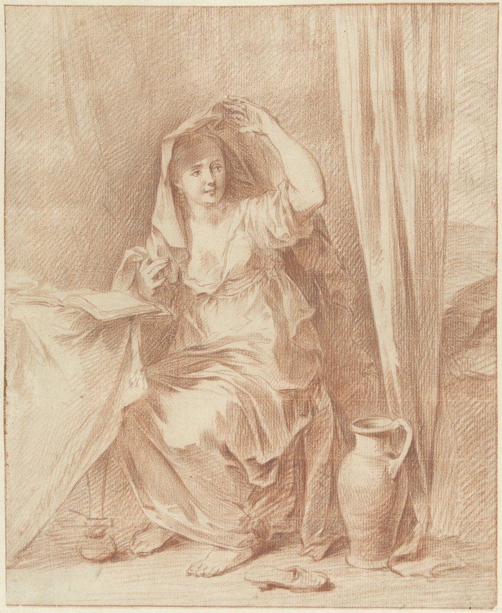 Mujer sentada en una mesa detrás de un libro de Willem Joseph Laquy