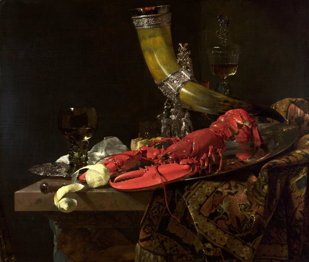 Naturaleza Muerta con el Cuerno de Bebida del Gremio de Arqueros de San Sebastián, Langosta y Vasos, c.1653 de Willem Kalf