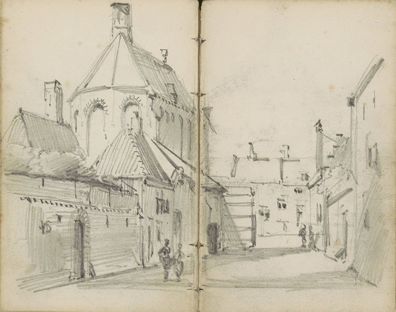Calle de pueblo con una iglesia y figuras de Willem Koekkoek