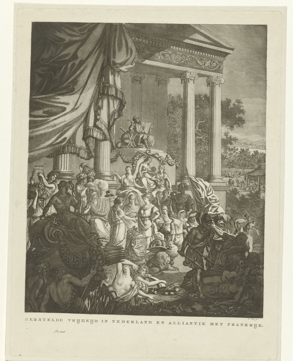 Representación alegórica de la alianza entre Holanda y Francia, 1795 Libertad restaurada en los Países Bajos y alianza con Francia (título sobre objeto) de Willem Kok