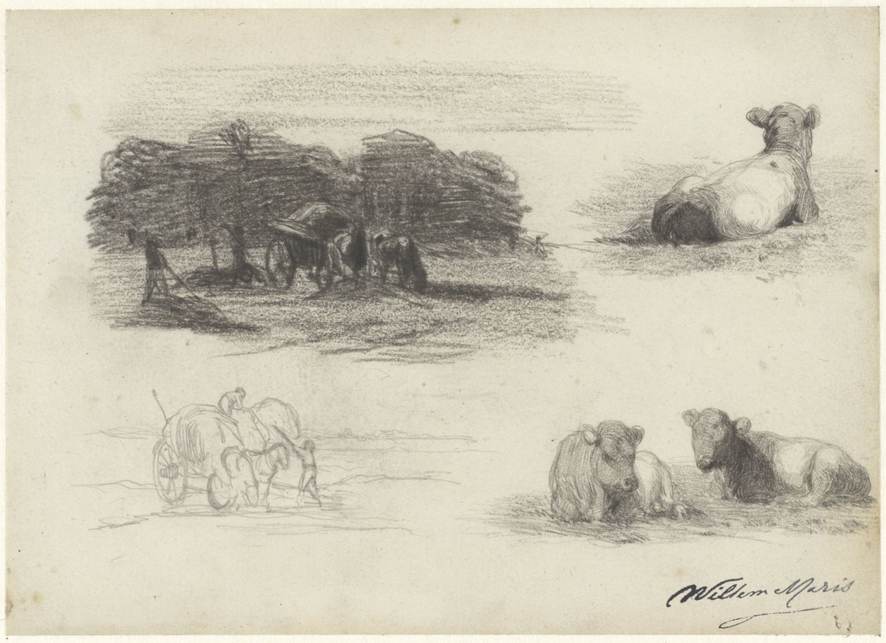 Cuatro bocetos de cosechadores y vacas de Willem Maris