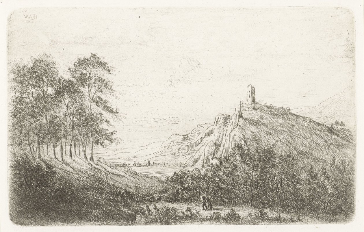 Paisaje de montaña con castillo en la cima de la montaña de Willem Matthias Jan van Dielen