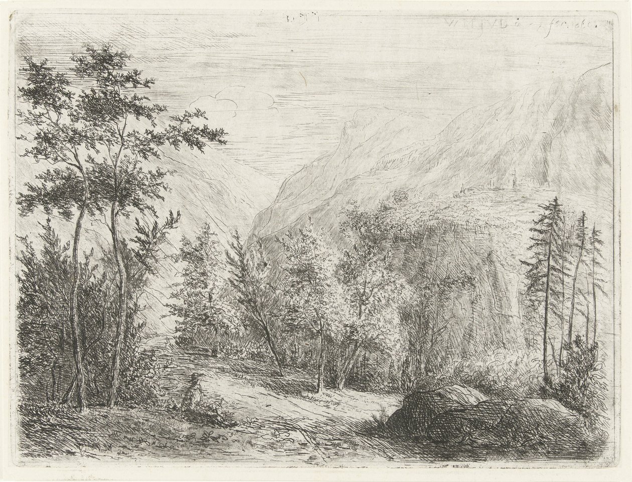 Paisaje de montaña con una figura descansando a lo largo del camino. de Willem Matthias Jan van Dielen