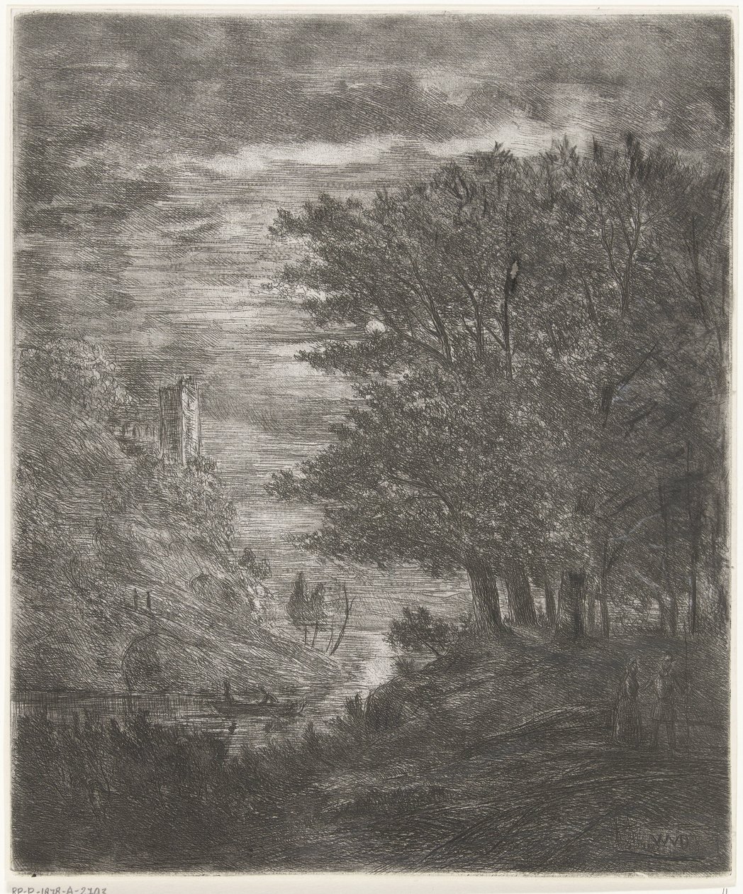 Paisaje montañoso con ruinas y barco sobre el agua a la luz de la luna de Willem Matthias Jan van Dielen
