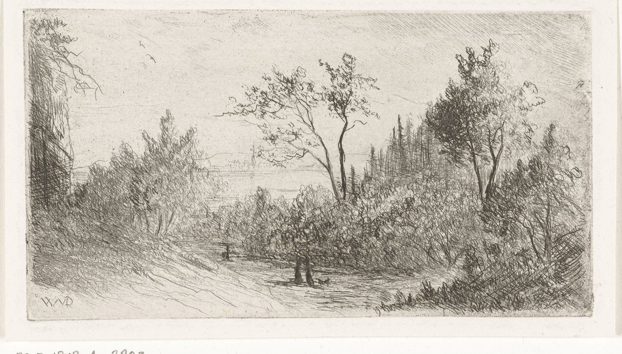 Paisaje montañoso con caminantes y perros al borde del bosque de Willem Matthias Jan van Dielen