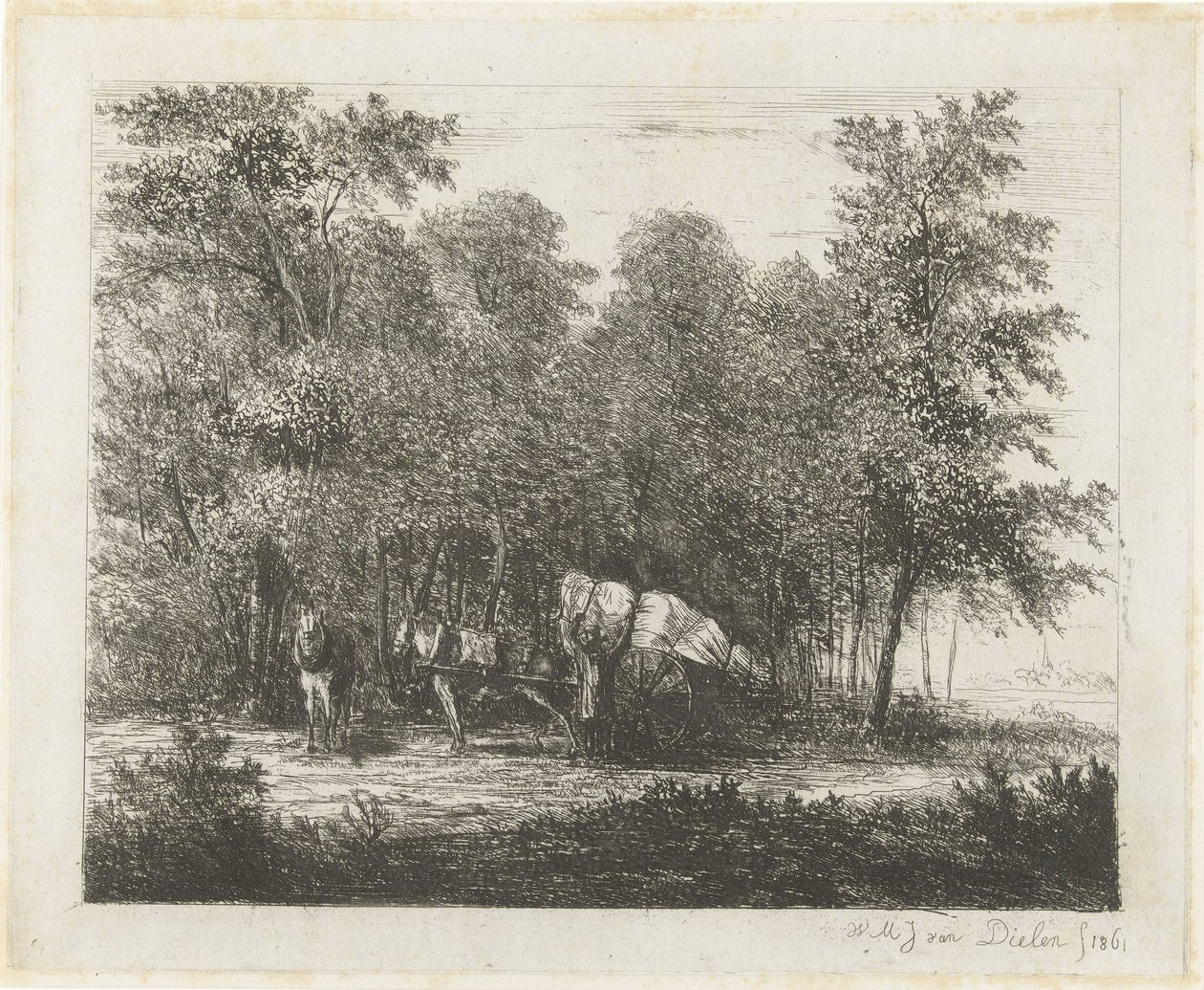 Paisaje con un hombre con un carro completamente cargado y un caballo enjaezado de Willem Matthias Jan van Dielen