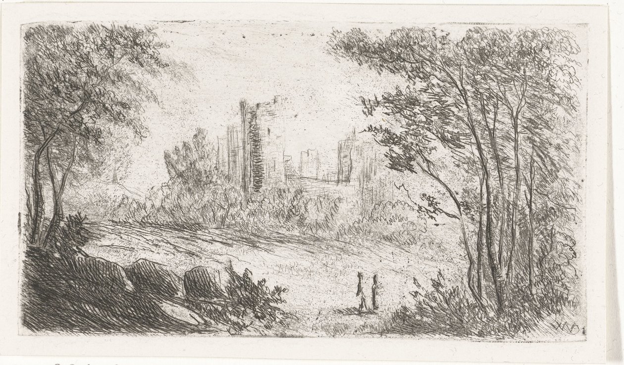 Paisaje con ruinas de castillo y dos figuras. de Willem Matthias Jan van Dielen