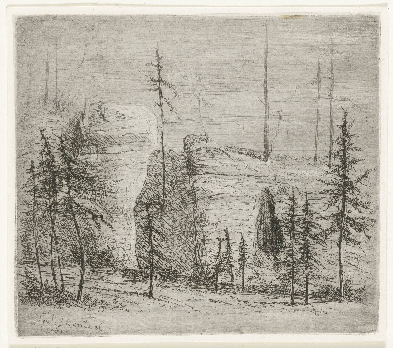 Paisaje rocoso con árboles de coníferas, el llamado Teufelkanzel Teufelkantzel Baxen (título sobre objeto) de Willem Matthias Jan van Dielen