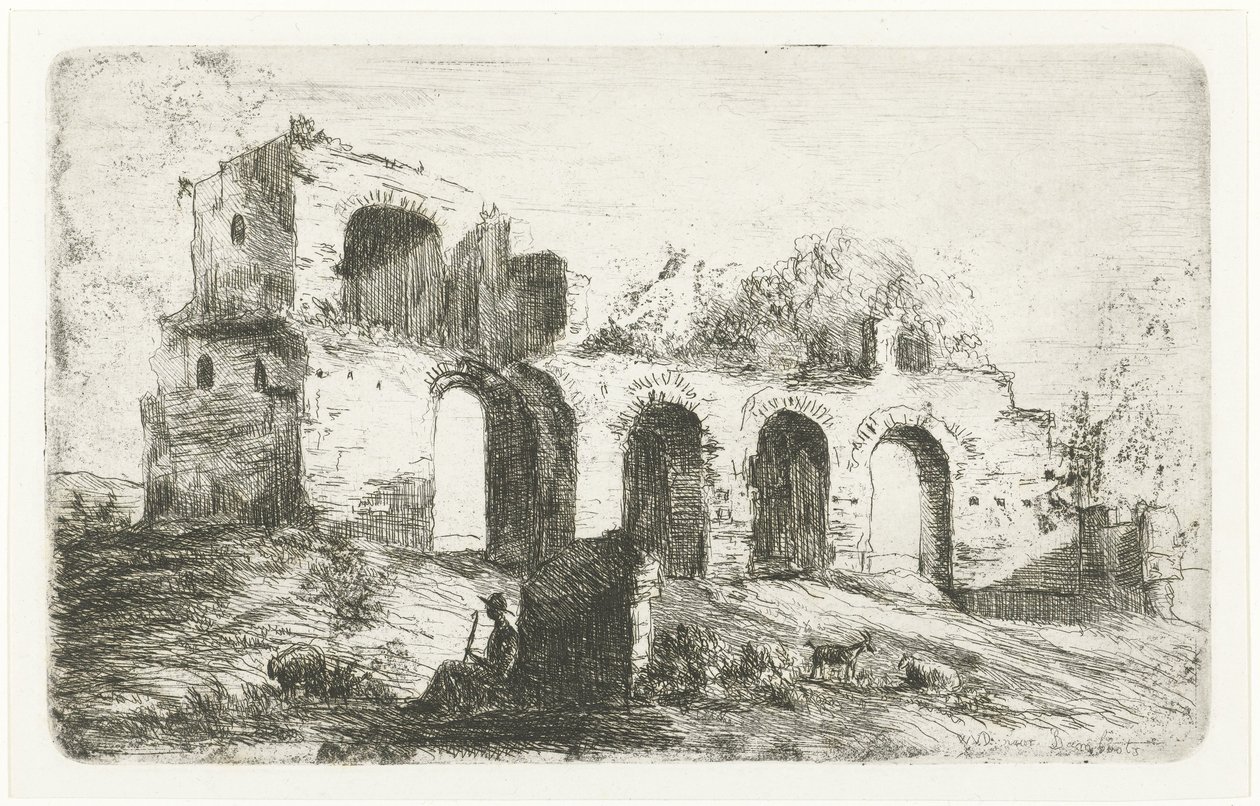 paisaje del sur con ruina y pastor con ganado de Willem Matthias Jan van Dielen