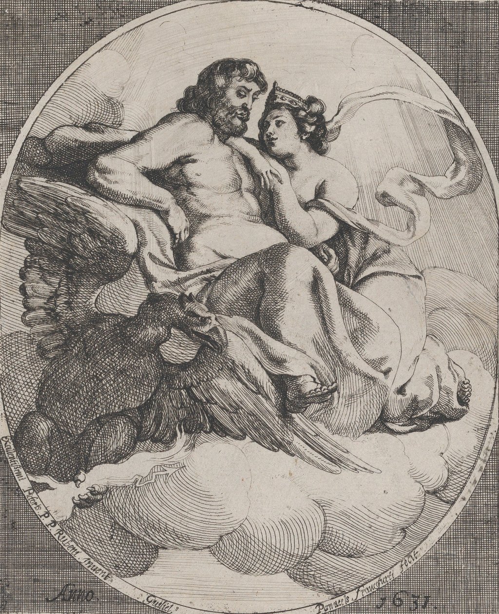 Júpiter y Juno sentados en nubes, con un águila sosteniendo rayos a la izquierda de Willem Panneels