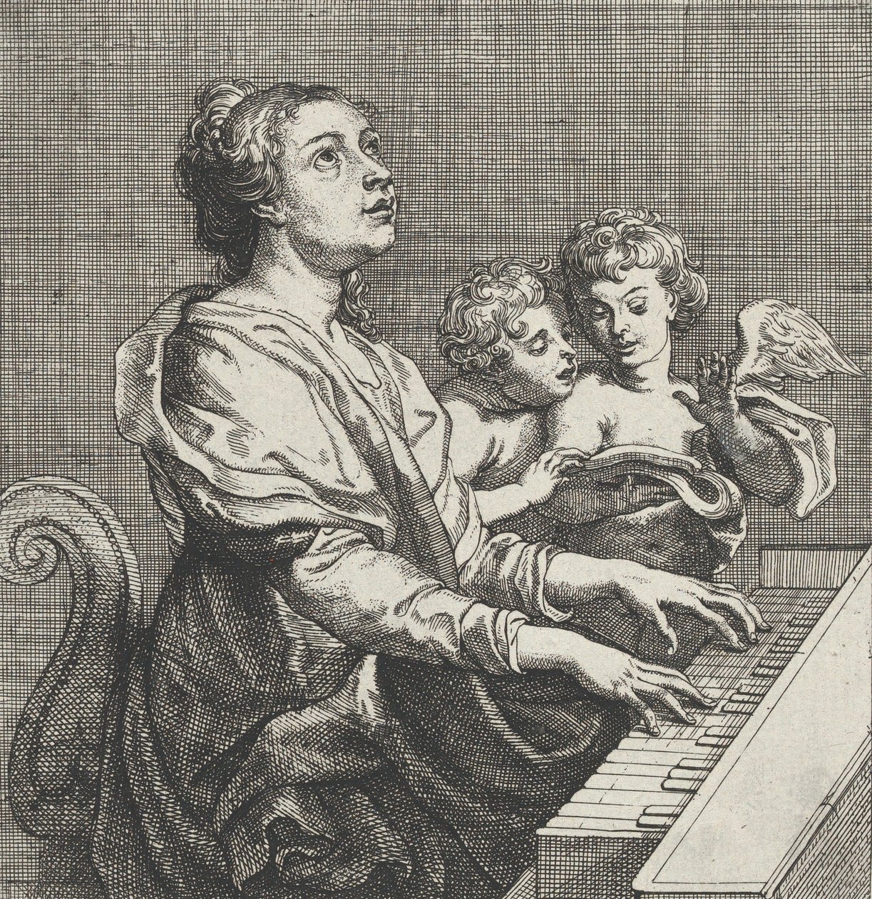 Santa Cecilia tocando el órgano con dos putti a la derecha de Willem Panneels