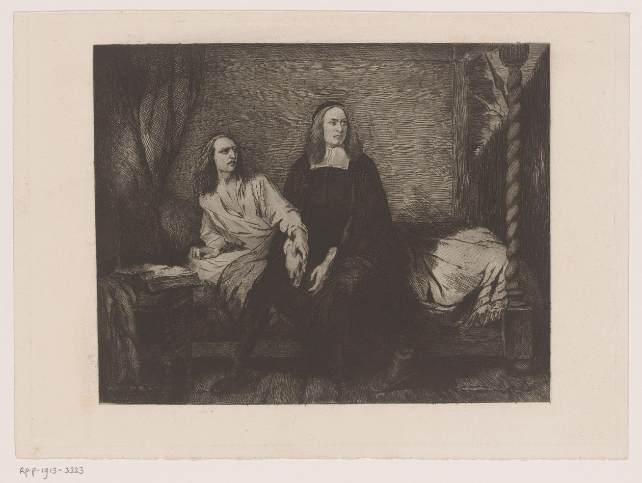 Los hermanos De Witt sentados en una cama en la puerta de la prisión de Willem Philip van der Veken (attributed to)