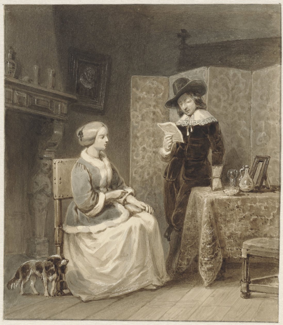 Interior histórico con una mujer sentada y un hombre de pie, leyendo de Willem Pieter Hoevenaar
