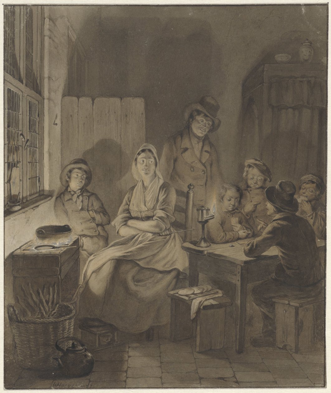 Interior con grupo de personas alrededor de la mesa a la luz de las velas de Willem Pieter Hoevenaar