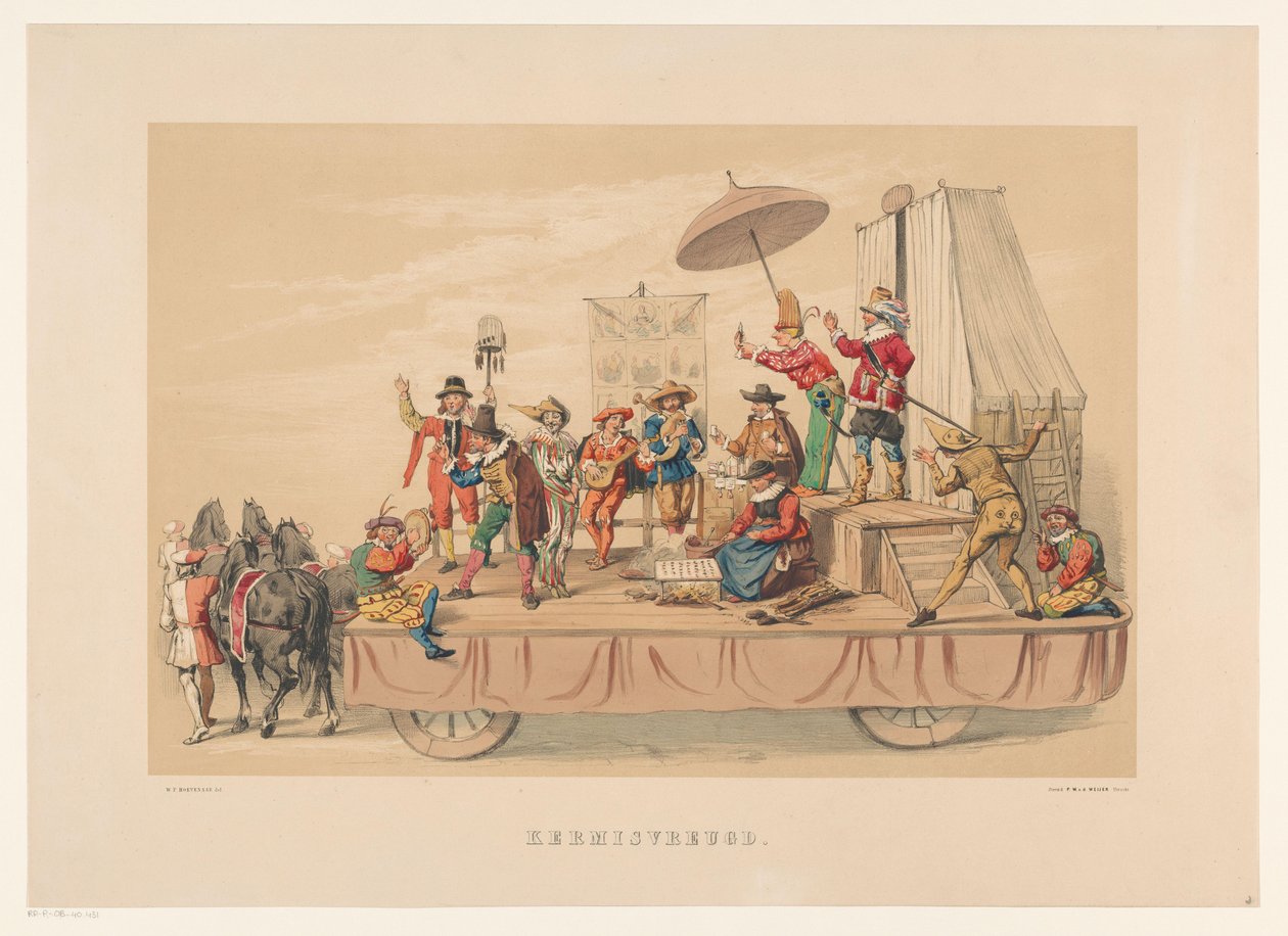 Sexto grupo de mascarada de Utrecht en 1856 Feliz Navidad (título en objeto) Nuestra patria hacia mediados del siglo XVII, propuesta por S.H. estudiantes, miembros de Mutua Fides, en celebración del 220 aniversario de la Utrechtsche Hoogeschool, el 25. de Willem Pieter Hoevenaar