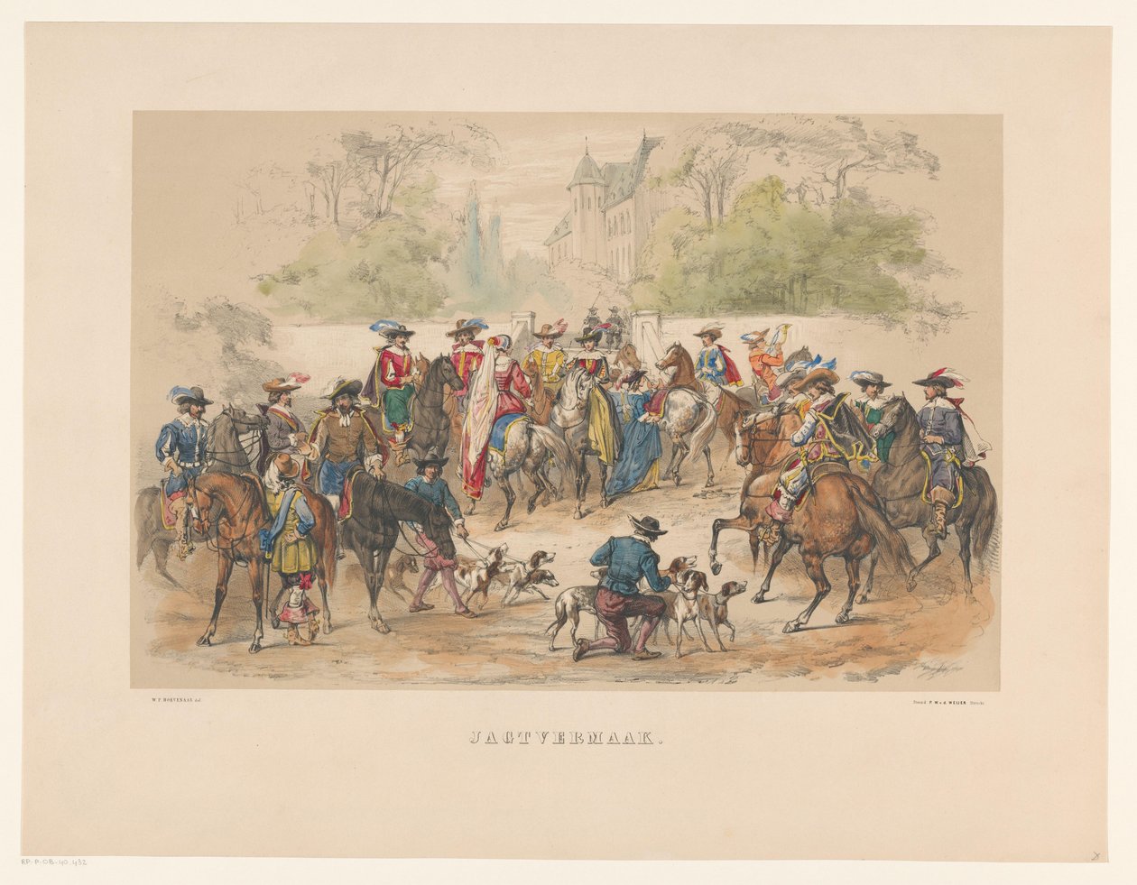 Séptimo grupo de mascarada de Utrecht en 1856 Entretenimiento de caza (título sobre objeto) Nuestra patria hacia mediados del siglo XVII, propuesta por S.H. estudiantes, miembros de Mutua Fides, en celebración del 220 aniversario de la Utrechtsche Hoogesch de Willem Pieter Hoevenaar