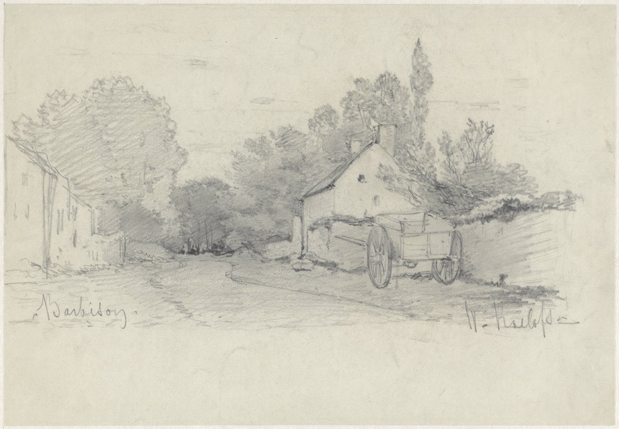 Vista de una calle con un carro en Barbizon de Willem Roelofs (I)