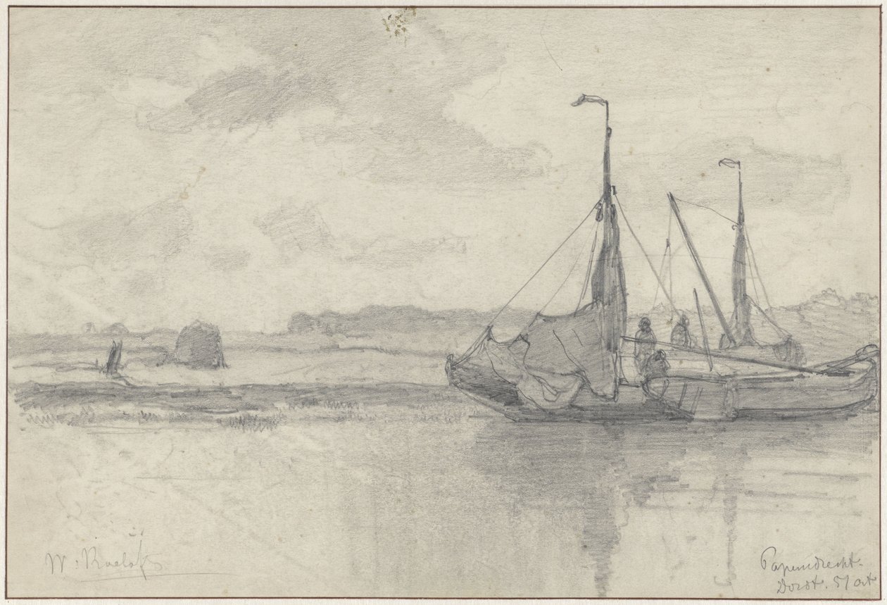 Barcos de pesca en un paisaje de Papendrecht de Willem Roelofs (I)