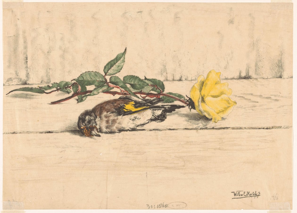 Jilguero muerto junto a una rosa de Willem Roelofs (II) (signed by artist)