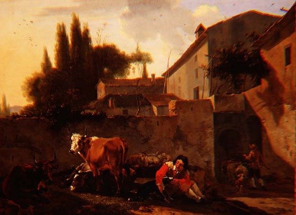 Un pastor y ganado en el patio de una granja italiana de Willem Romeyn