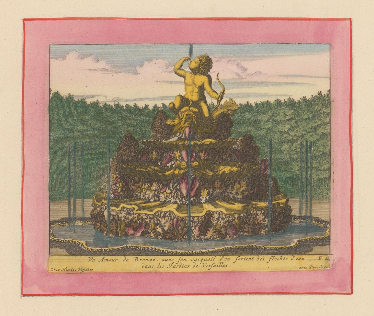 Brunnen mit einer Statue eines Putto mit Bogen in der Hand, sitzend auf einem Delfin de Willem Swidde