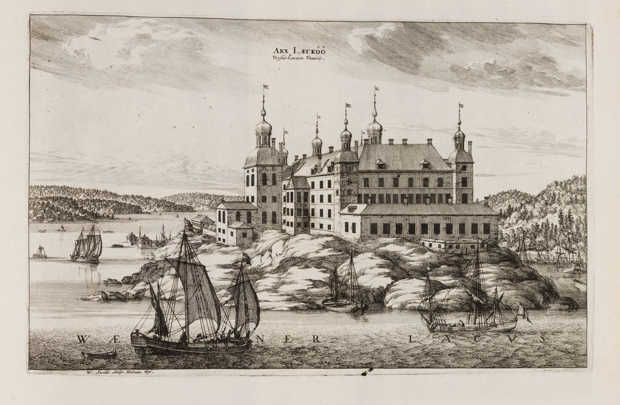 Castillo de Läckö desde el lado del lago Vänern. De "Suecia antiqua et hodierna" de Willem Swidde