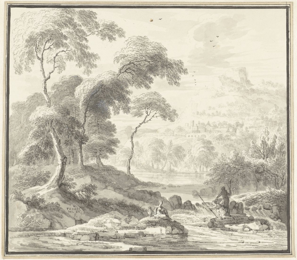 Idílico paisaje de colinas con mujeres en un arroyo de Willem Troost (I)