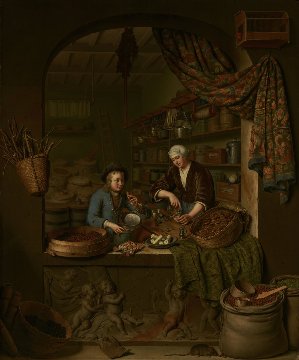 Una tienda de comestibles de Willem Van Mieris
