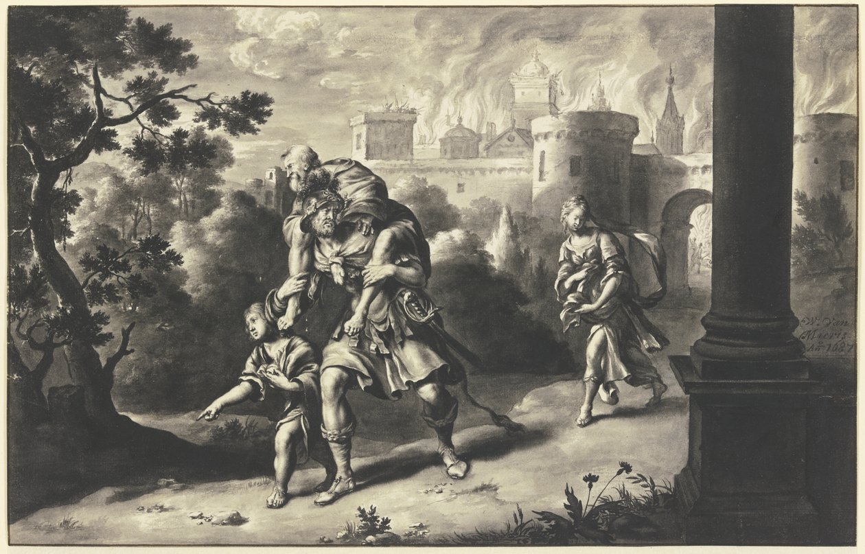 Eneas rescata a Anquises de la Troya en llamas de Willem Van Mieris
