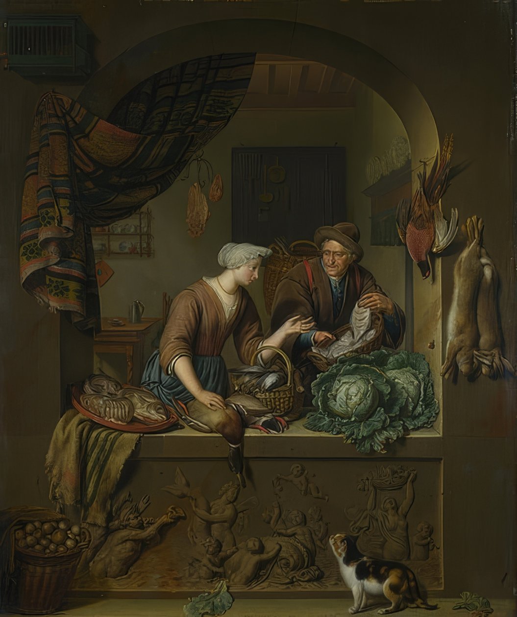 Mujer y pescadero en la cocina. 1713 de Willem Van Mieris