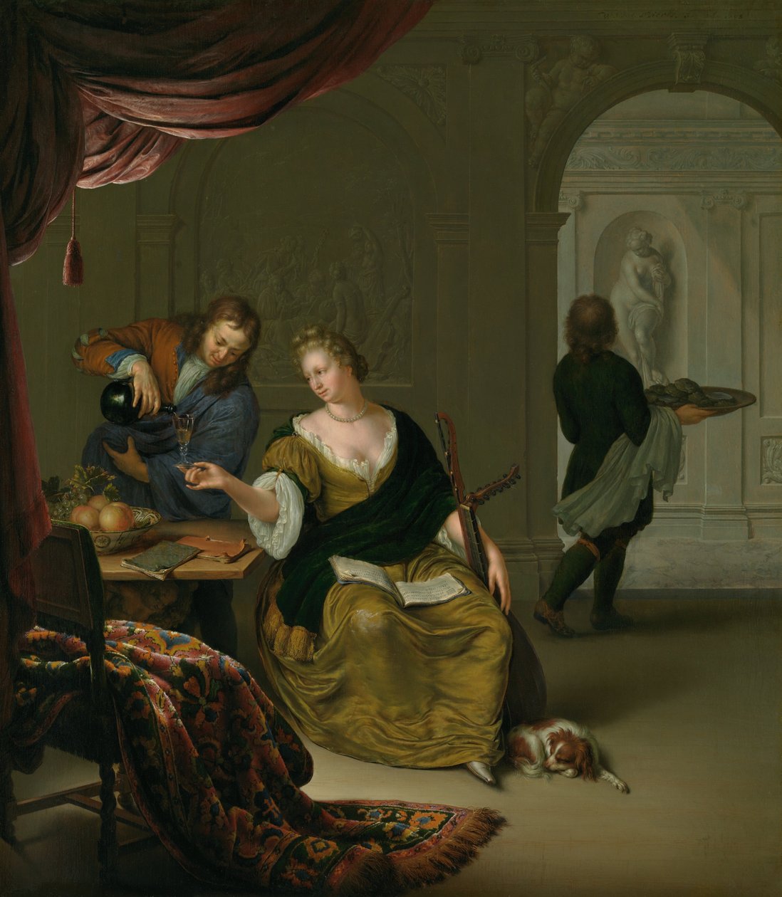 El laúd descuidado Una dama con un laúd tomando vino en un interior rico, 1705 de Willem Van Mieris