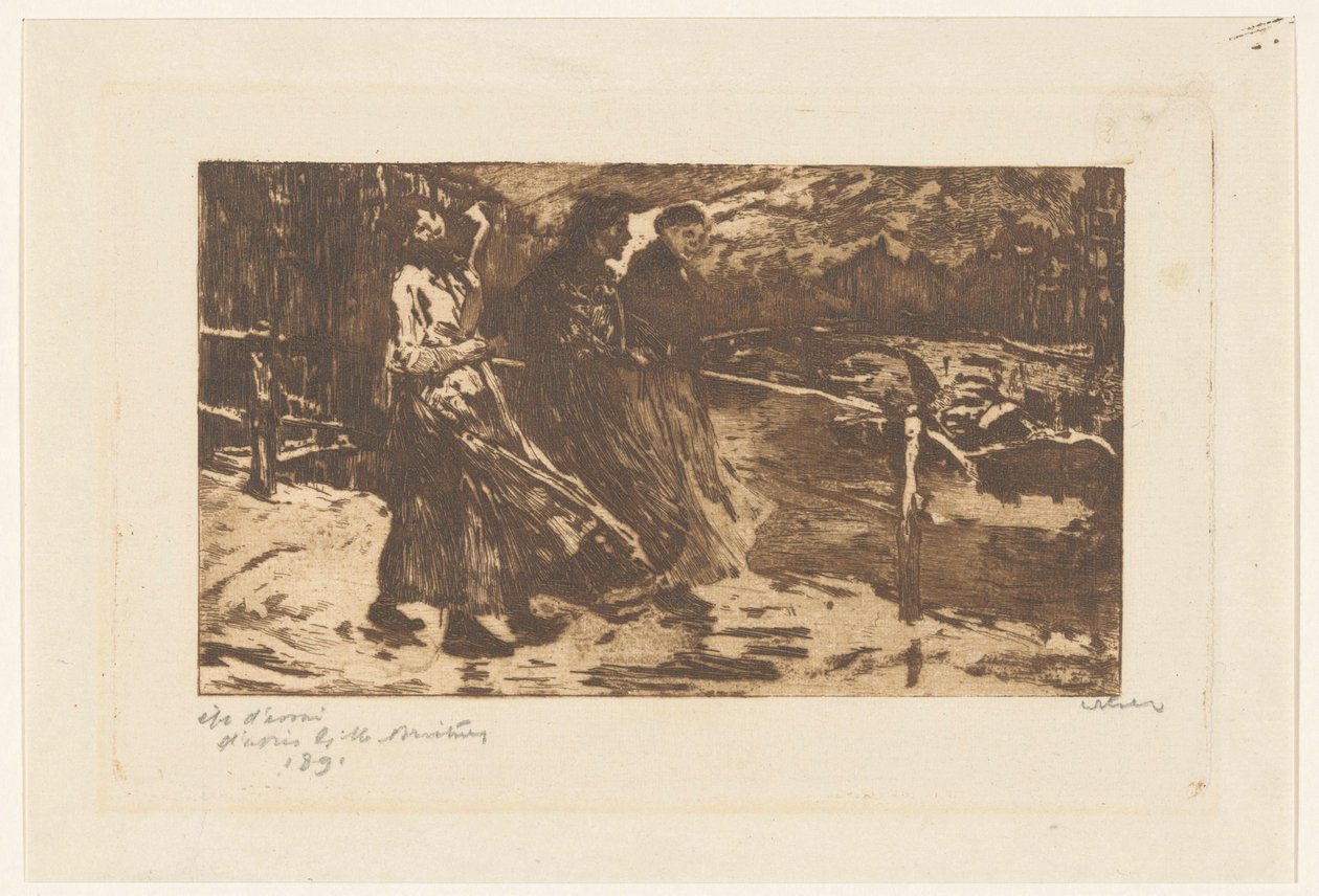 Tres mujeres en un puente bajo la lluvia y el viento de Willem Witsen (signed by artist)
