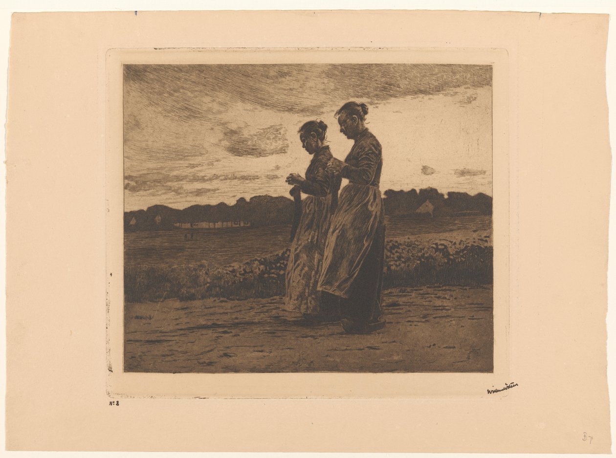Dos tejedoras de pie en un paisaje de Ede de Willem Witsen (signed by artist)