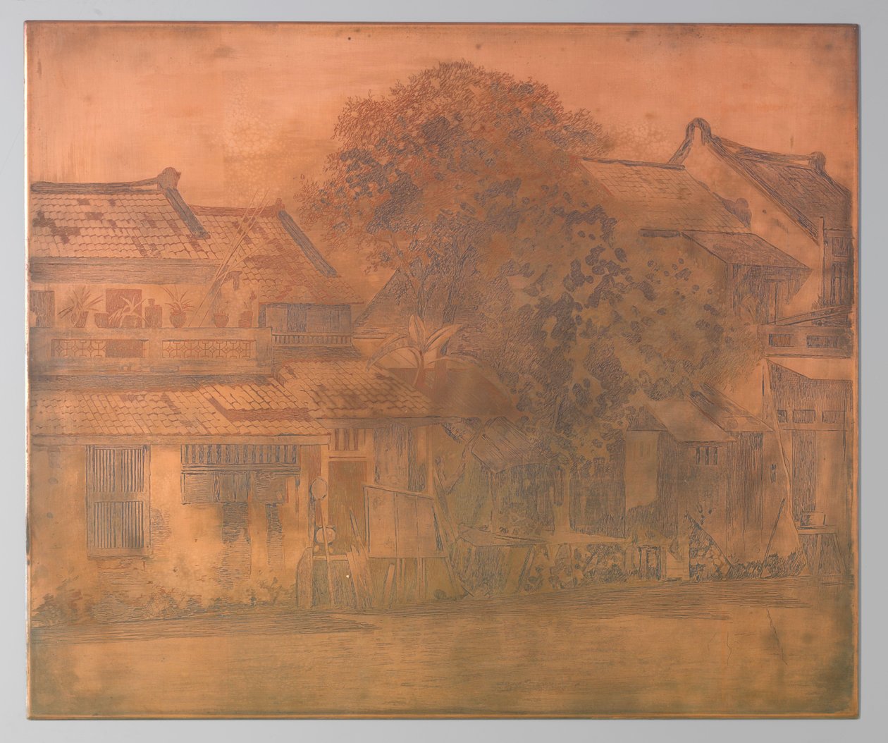 Batavia. Casas en el kali con árboles en el medio de Willem Arnoldus Witsen