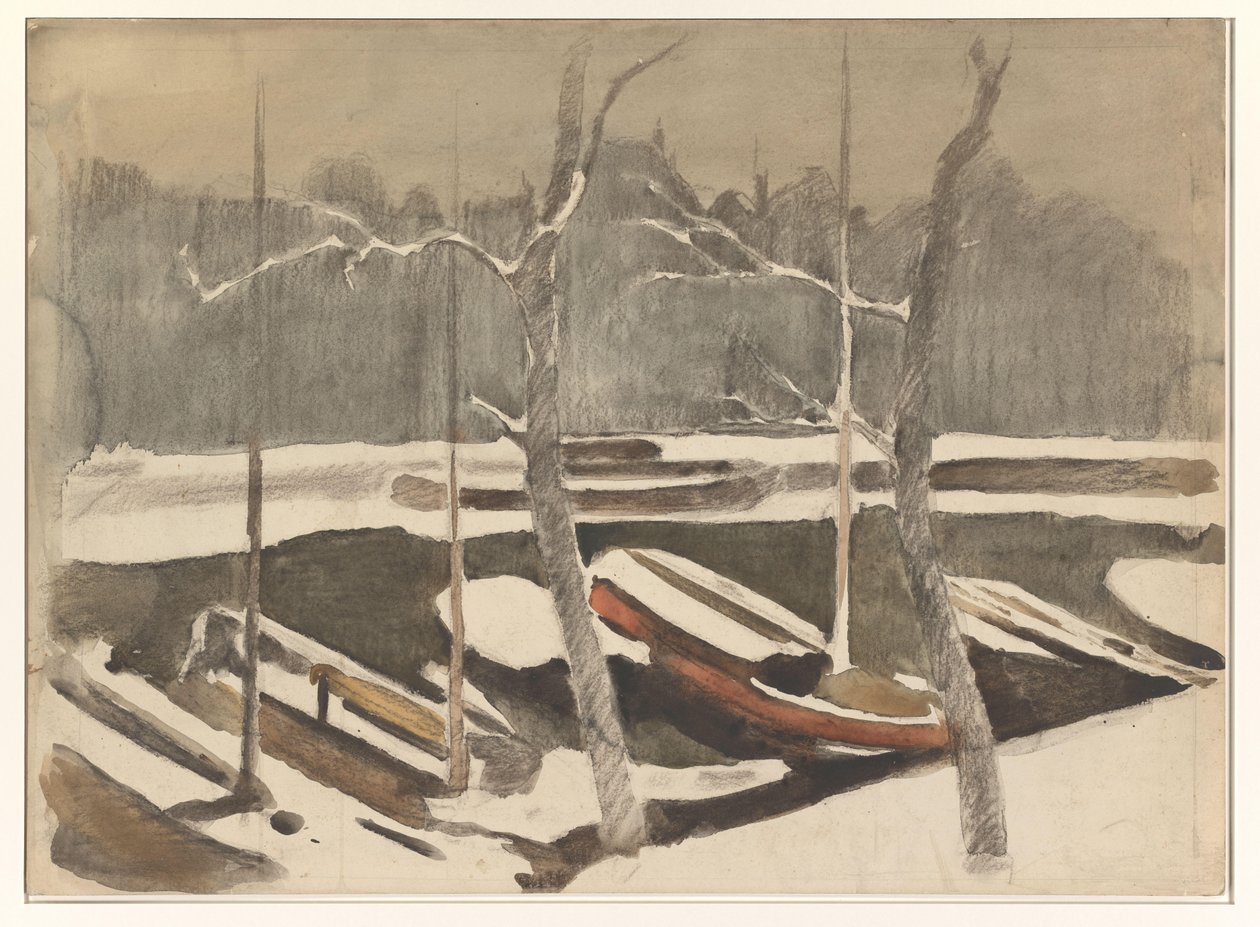 Barcazas amarradas en un foso nevado de Willem Arnoldus Witsen