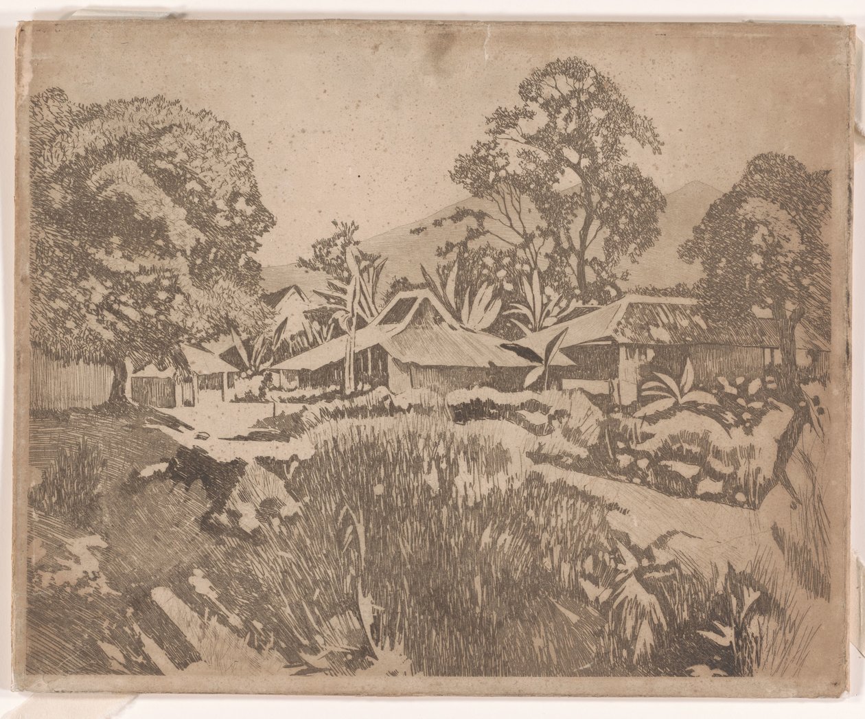 Casas en el kampong con los volcanes Salak y Gedeh al fondo, Buitenzorg de Willem Arnoldus Witsen