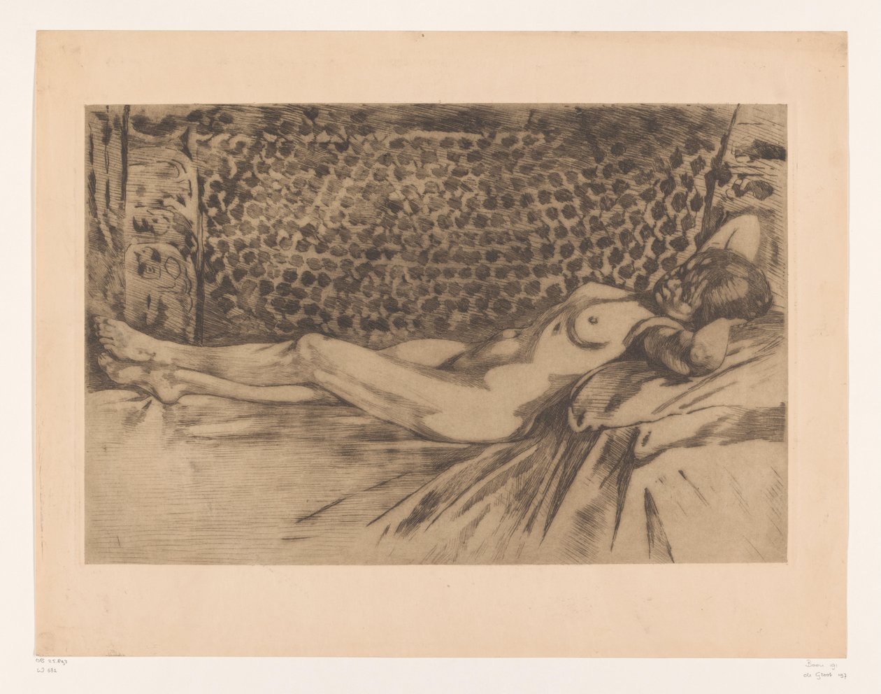 Mujer joven desnuda tumbada en un sofá
Desnudo, tumbado de espaldas en un diván, con las manos bajo la cabeza (título original) de Willem Arnoldus Witsen