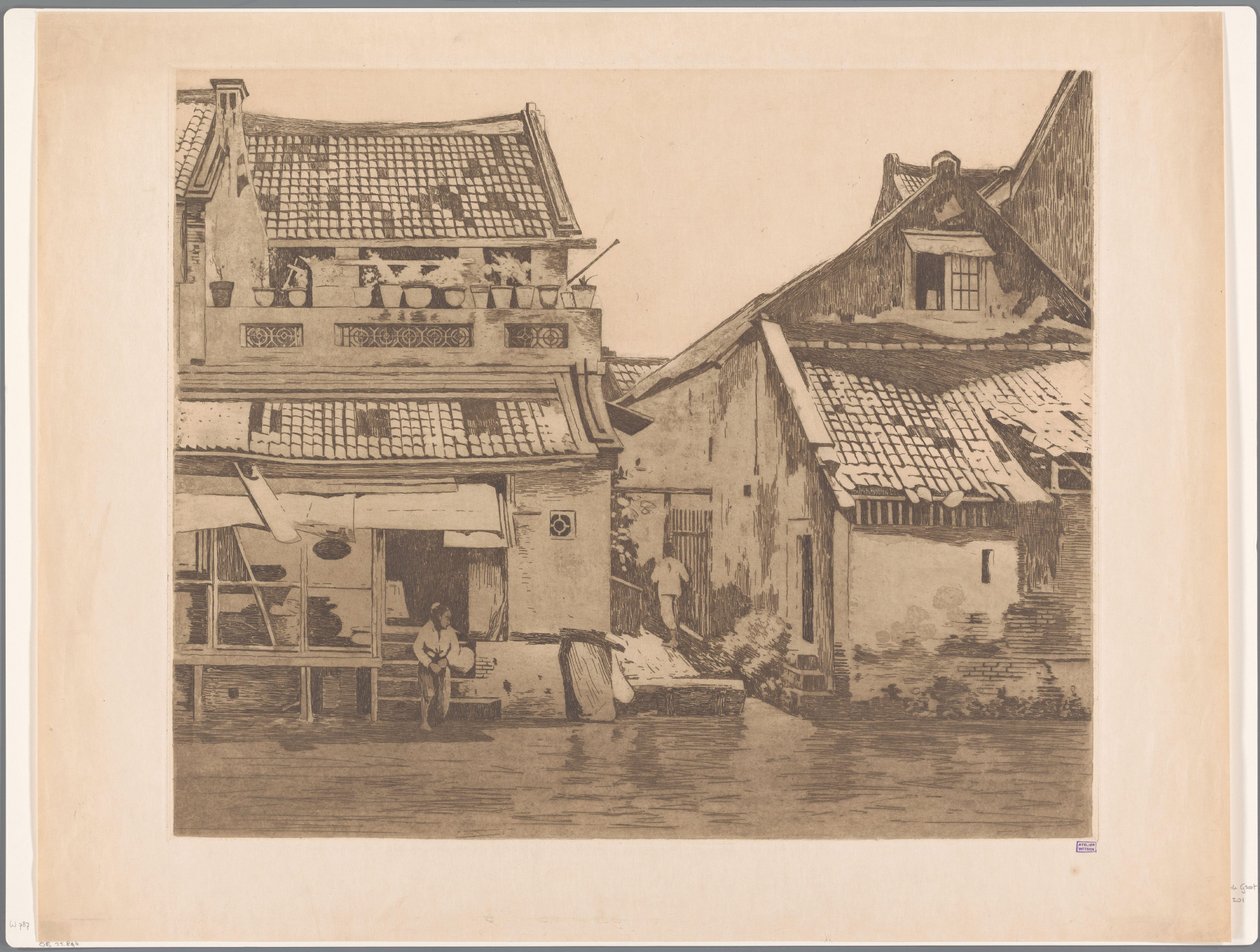 Dos figuras junto a unas casas a orillas de un río en Batavia de Willem Witsen