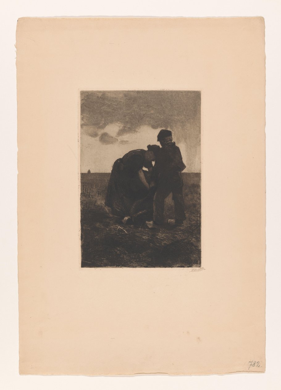 Mujer y niño en zuecos con una bolsa de yute en el campo Cosecha de patatas (título original) de Willem Arnoldus Witsen