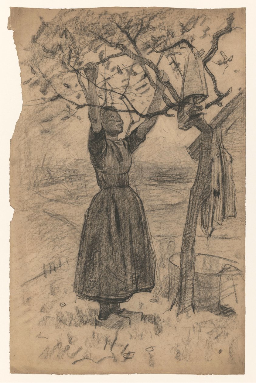Una mujer cuelga la ropa en un árbol, a la derecha de Willem Arnoldus Witsen
