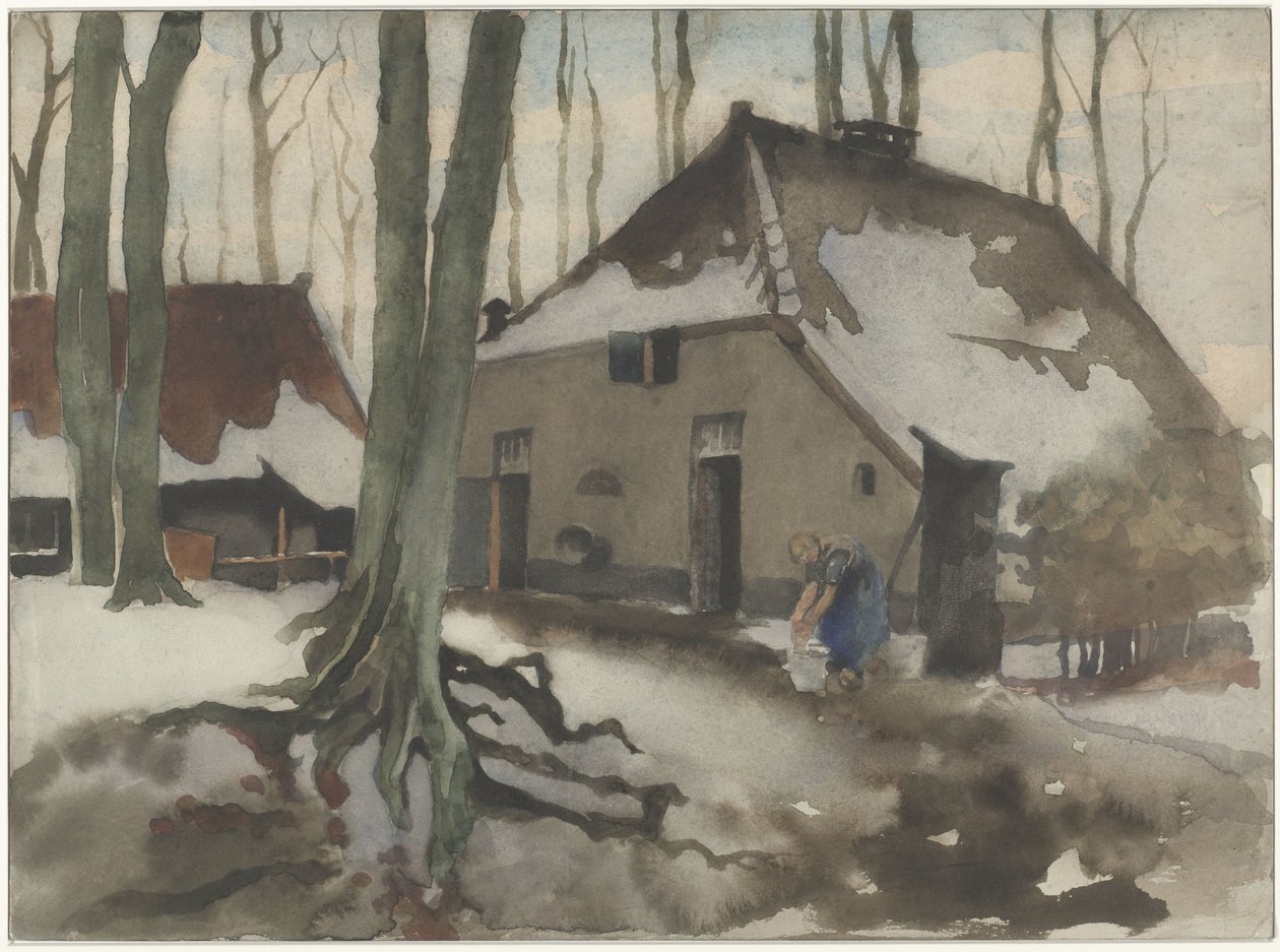 Mujer frente a una casa en un bosque nevado de Willem Arnoldus Witsen