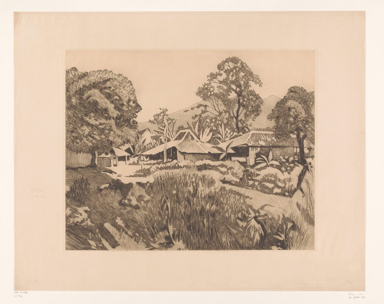 Casas en Bogor frente a los volcanes Salak y Gede
Casas en el kampong con los volcanes Salak y Gedeh al fondo, Buitenzorg (título original) de Willem Arnoldus Witsen