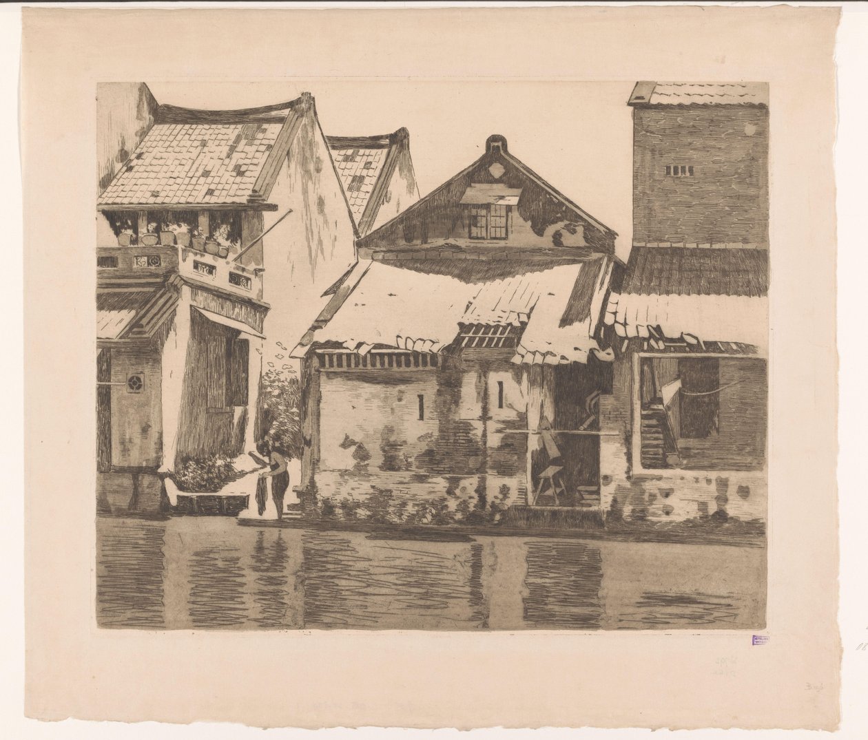 Casas a lo largo de un río en Batavia con una mujer lavando ropa
Casas a lo largo del kali. A la izquierda un pasaje entre casas, donde una mujer está lavando la ropa, Batavia (título original) de Willem Arnoldus Witsen