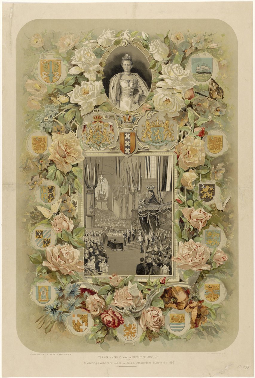 En recuerdo de la Coronación Solemne de S.M. la Reina Guillermina, en la Nieuwe Kerk de Amsterdam - 6 de septiembre de 1898 (título en el objeto) de Willem Zwart