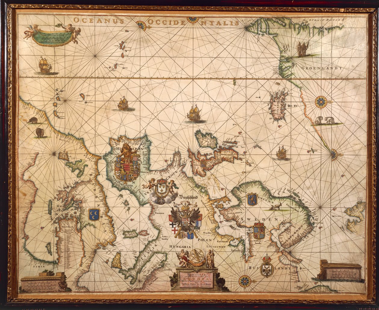 Costa Europea, mapa en pergamino por Willem y Joan Blaeu de Willem and Joan  Blaeu