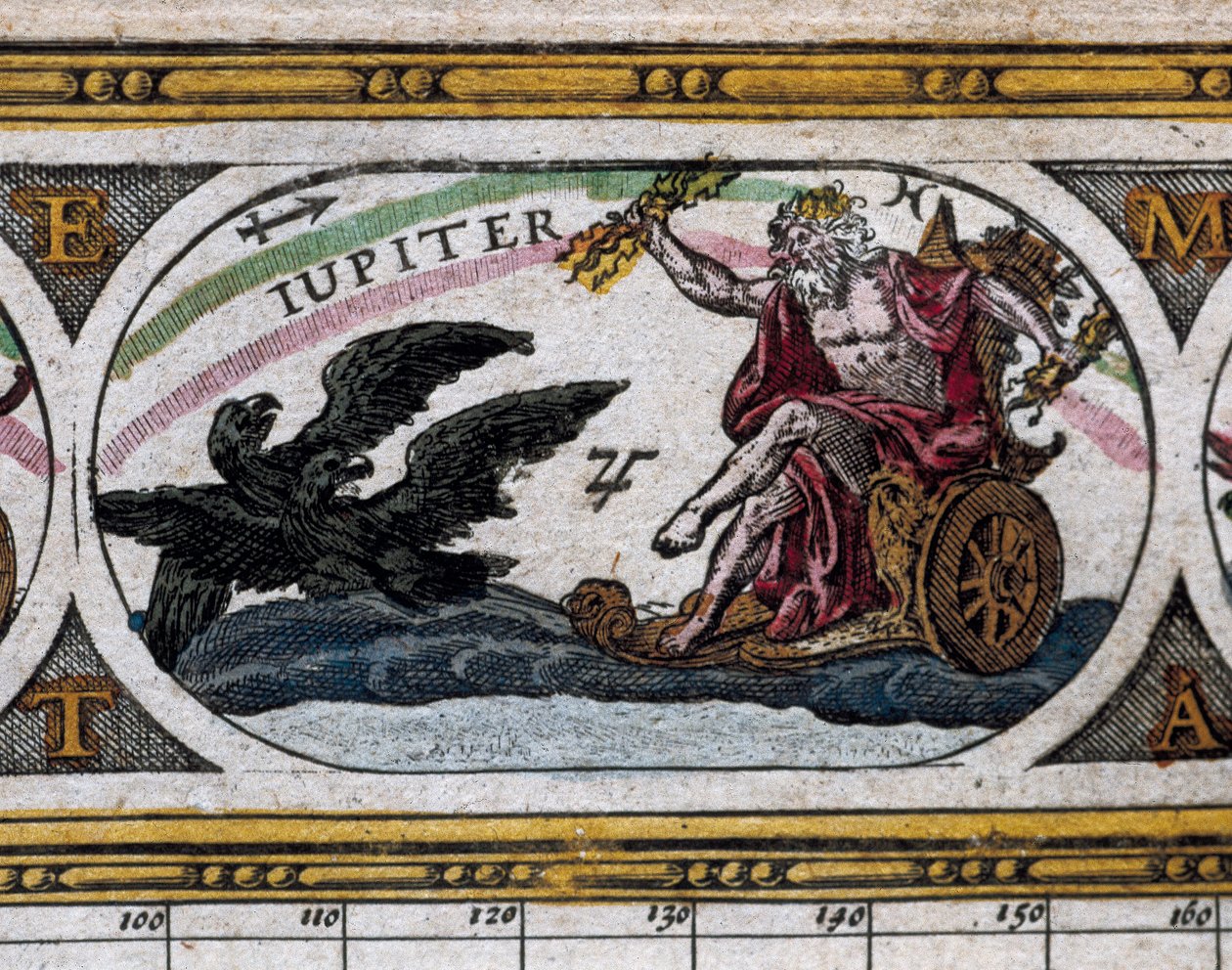 Representación del Dios Júpiter luchando contra águilas negras en su carro (grabado) en "Le Theatre du Monde" de Willem and Joan  Blaeu