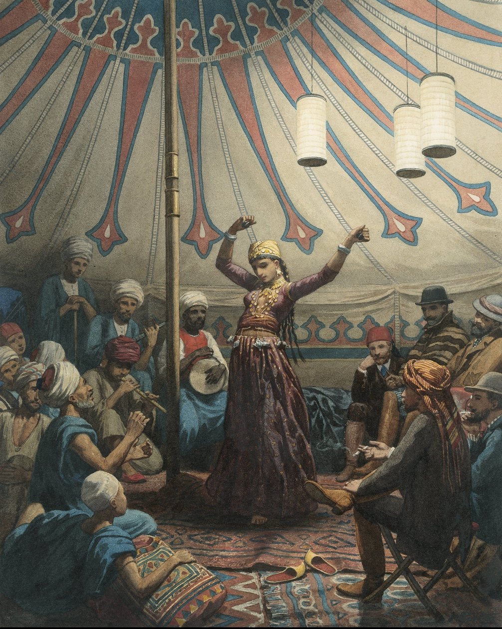 Bailarina egipcia en una carpa, con músicos y espectadores de Willem de Famars Testas