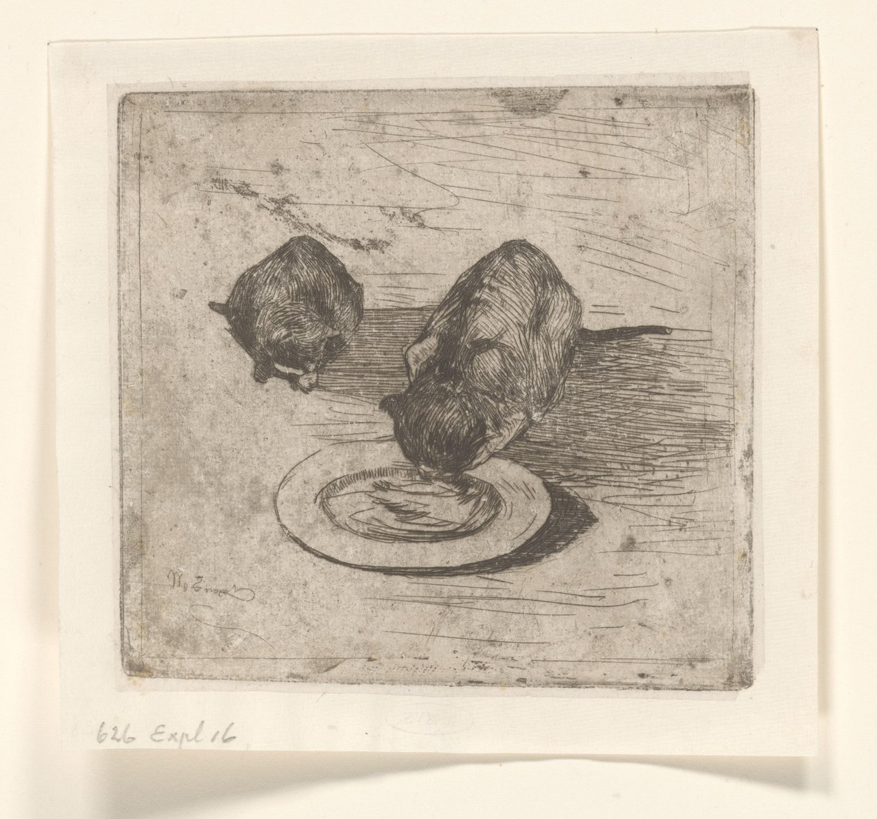 Dos gatos, uno bebiendo de un plato
Dos gatitos (título original) de Willem de Zwart