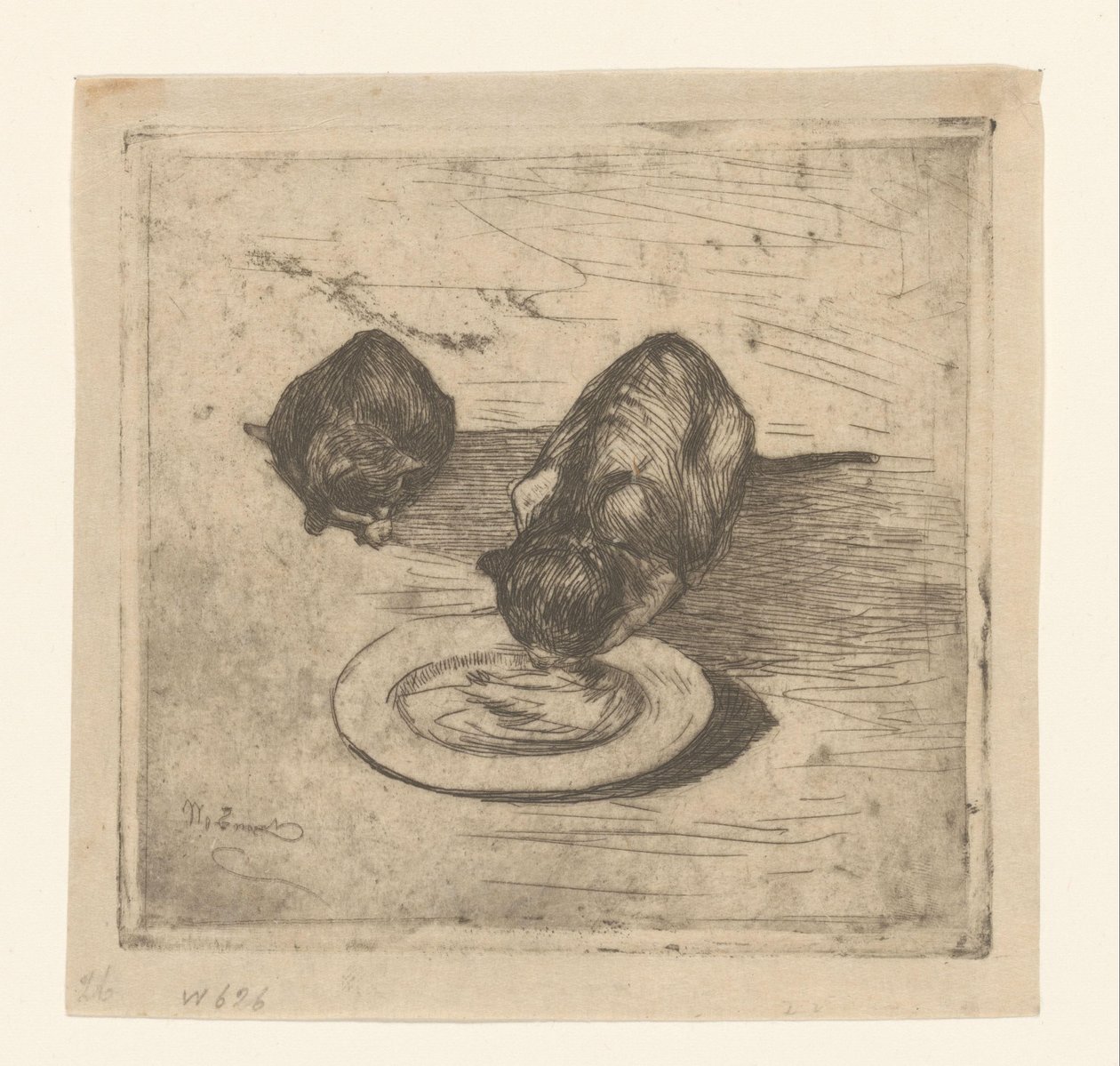 Dos gatos, uno bebiendo de un plato
Dos gatitos (título original) de Willem de Zwart